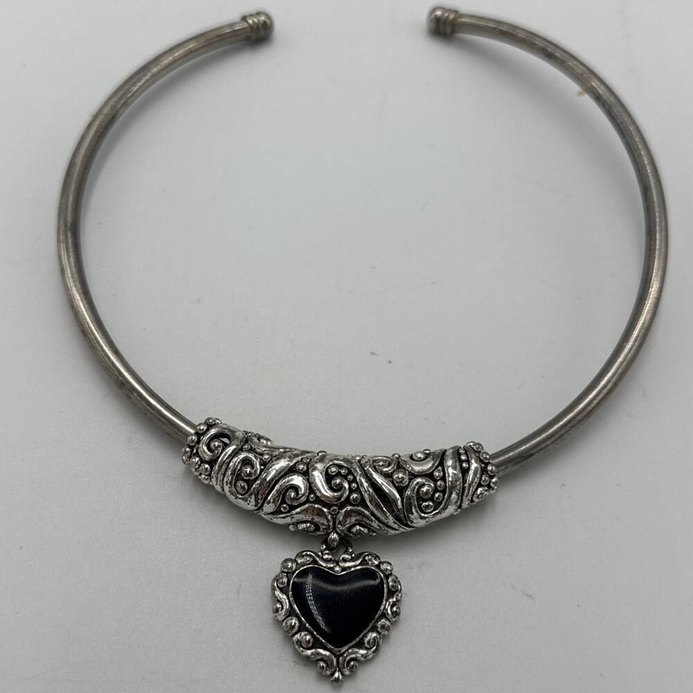 BRIGHTON Silver Torque Choker Collar Necklace 17'' Black Onyx Heart WesternBoho